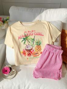 2 piezas Conjunto de ropa de casa casual de vacaciones, con motivos de fruta, árbol de coco, piña y de isla, con top de manga corta y shorts cómodos - Multicolor - Ver 7