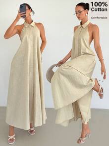 Siren Gaze 女士纯色宽松衬衫裙，无袖，不对称肩部设计，前开襟纽扣衬衫裙，休闲连衣裙，适合度假穿着 - 杏色 - 查看 3