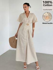 Siren Gaze Robe longue fendue pour femme en 100 % coton, col V, boucle métallique à la taille, style français élégant, beige, plissée, coupe trapèze, manches courtes, pour l'été, les vacances et les fêtes - Nude - Voir 4
