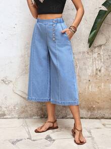 EMERY ROSE Women's Button Casual Versatile Daily Wear Wide Leg Jeans - Black and White - View 3