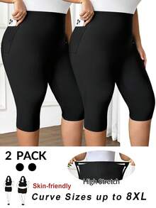 SHEIN CURVE+ 2 Stücke Leggings in Große Größen für Damen, schwarz, dehnbar, figurbetont, 7/8 Länge, hautfreundlich (mit Handytasche) - Schwarz - Übersicht 10