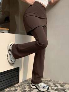 DAZY Women's Tight-Fitting Leggings With 2 In 1 Design - Coffee Brown - View 4