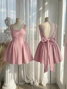 SHEIN MOD Plus Size Elegant Solid Color Backless Bow Decor Sleeveless Dress, Summer - Pink - View 7