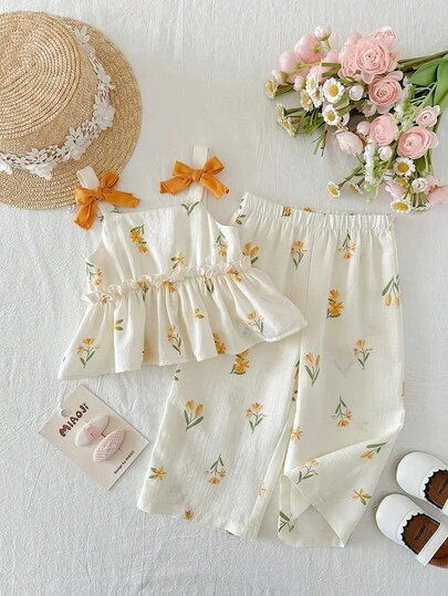 2 Pieces Baby Girl Summer Cute Floral Print Camisole Top Elastic Waist Pants Set