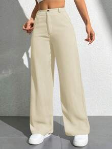 SHEIN PETITE CURVE Quần dài nữ cỡ lớn, màu trơn, kiểu dáng đơn giản, thường ngày, phong cách thường nhật. - Màu be - Xem 6