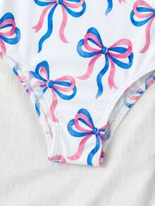 SHEIN Traje de baño de una pieza con rayas y lazo y flor 3D para niña - Azul y blanco - Ver 4