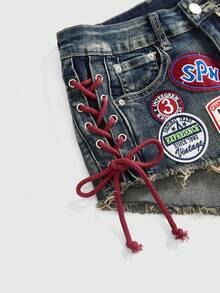 ROMWE Avant Quần short denim mini dáng ôm sát, kiểu dáng thể thao Y2K retro dành cho nữ, chất liệu jersey, có logo thêu, dây rút, cạp thấp, gợi cảm. - Màu xanh lam - Xem 3