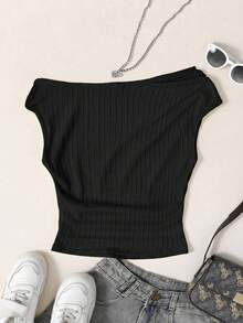 SHEIN Teen Girl Splice Casual Asymmetric Shoulder Textured Fabric Camisole - Black - View 4