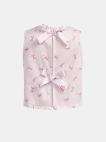 SHEIN 2件套女童粉色蝴蝶结条纹吊带背心和短裤套装，休闲日常时尚百搭装 - 粉色 - 查看 5