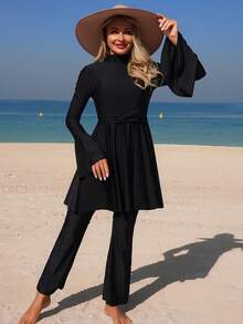 Swim Mulvari Spring/Summer Black Knit Fabric Waist Tie Twist Turtleneck Long Flare Sleeve Ruffle Hem Top & Flare Pants Muslim Style Women 2-Piece Set - Black - View 5