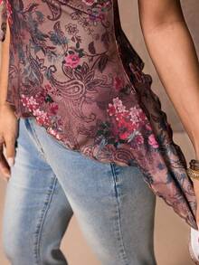 ROMWE PETITE Punk Style Floral Print Contrast Lace Front Tie Camisole - Multicolor - View 6