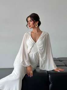 Firerie Đầm maxi lưới xuyên thấu hở lưng, cổ chữ V, tay cánh dơi, xếp ly, thanh lịch, tinh tế, lãng mạn, trang nhã, sang trọng, phù hợp cho tiệc tùng, ngày Valentine, hẹn hò, tiệc sinh nhật, dự đám cưới, kỳ nghỉ, đi làm. - Trắng ngà - Xem 7