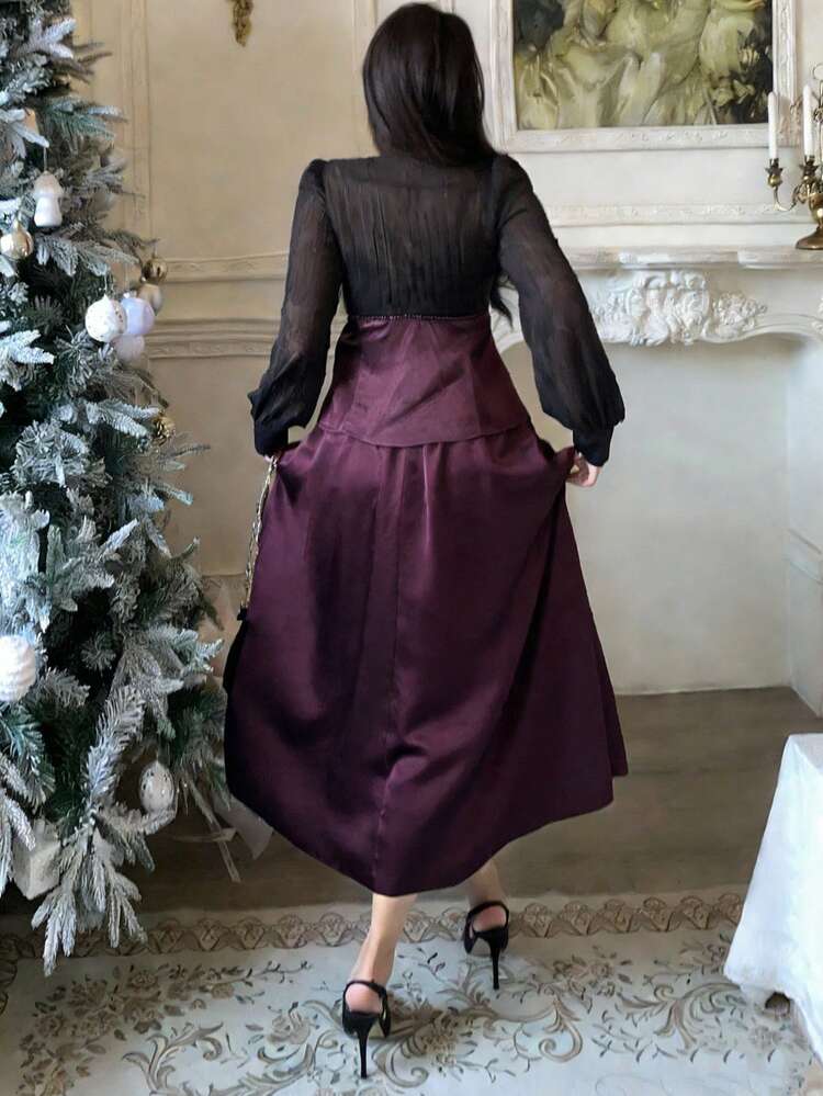 Women's Elegant Commuter Colorblock Patchwork Shirt And Skirt 2 Pieces Set