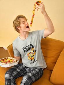 卡通披萨印花男士圆领短袖上衣和格子印花长裤睡衣套装 - 彩色 - 查看 1