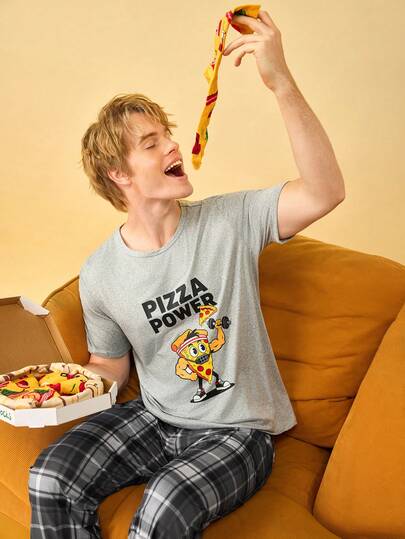 卡通披萨印花男士圆领短袖上衣和格子印花长裤睡衣套装