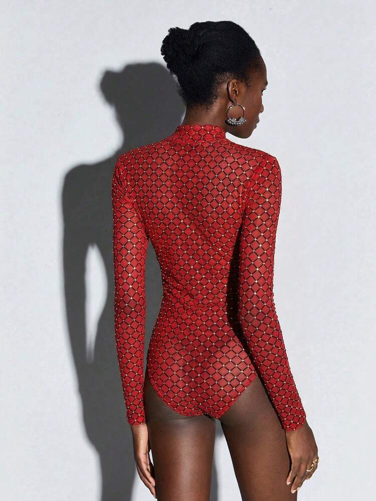 SHEIN Maija 1pc Rhinestone Detail Sheer Mesh Black Bodysuit For Adults St Patrick's Day Women Easter Summer Outfits Easter Dress Women Party Top Beach Dress Summer Holiday Outfits Each Vacation Outfits For Women Summer Outfit For Women Going Out Outfits Graduation Graduation Outfit Casual Dresses Casual Blouses For Women Red Bodysuit Long Sleeve Red Bodysuit Women Bodysuits For Women Red Red Long Sleeve Bodysuit Bodysuit For Women Long Sleeve