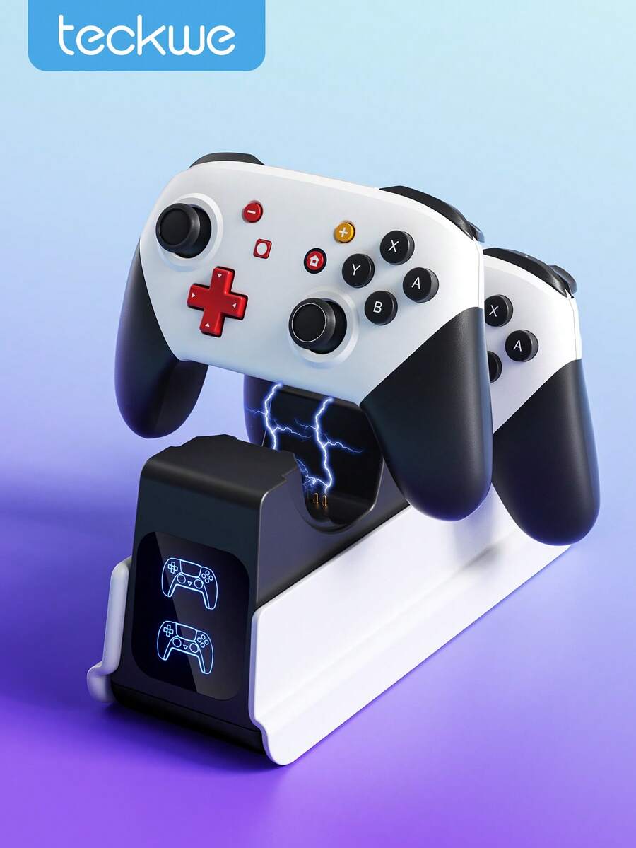 Teckwe Đế sạc cho tay cầm chơi game, đế sạc tích hợp chip bảo vệ và đèn LED báo hiệu, sạc nhanh 2,5 giờ, phụ kiện sạc hiệu suất cao, nâng cao trải nghiệm chơi game. - Đen và trắng - Xem 1