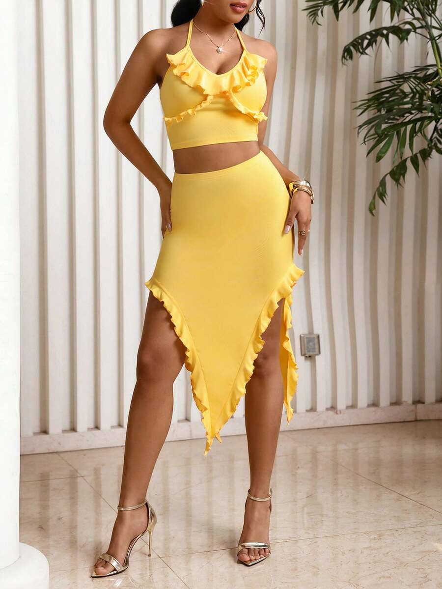 Lureya 女士夏季吊带背心和半身裙两件套，圆领荷叶边露脐背心搭配开衩裙摆半身裙 - 黃色 - 查看 1