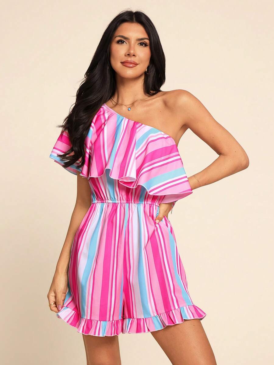 Coeurva 女士条纹连体裤，适合春夏度假 - 粉色 - 查看 1