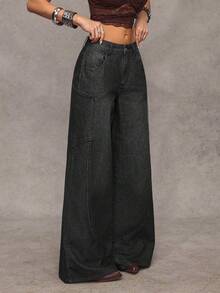 Jeanoix Quần jeans nữ màu đen thêu họa tiết, kiểu dáng rộng rãi, thoải mái, phong cách đường phố. - màu đen - Xem 4