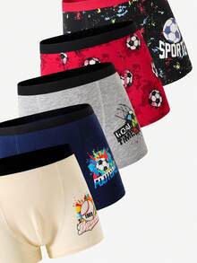 SHEIN 5条/包 男童舒适纯棉内裤，随机印有足球、棒球和彩色图案 - 彩色 - 查看 4