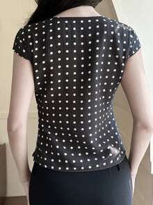 DAZY Women's Lace Patchwork Polka Dot Fitted T-Shirt, Summer - Black and White - View 2