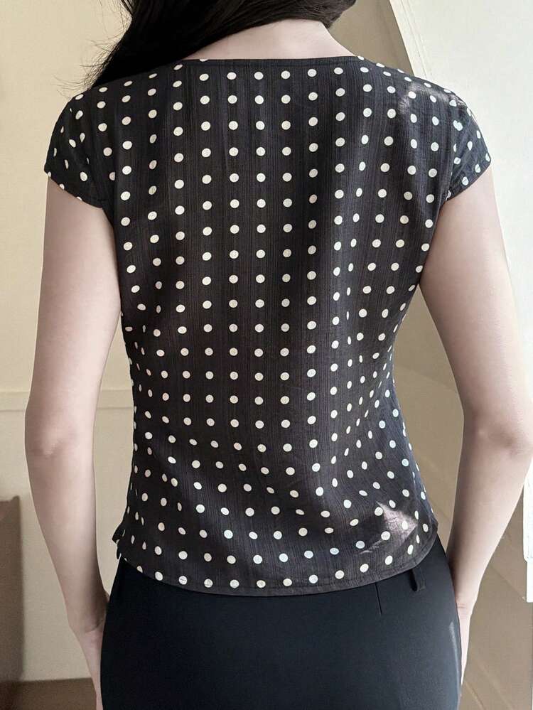 Women's Lace Patchwork Polka Dot Fitted T-Shirt, Summer Graphic Tees Women