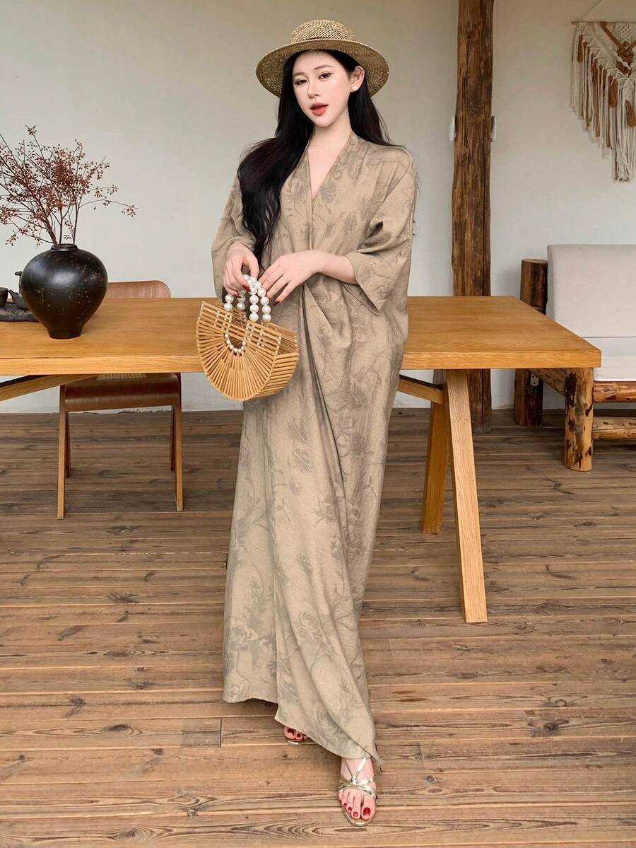 DAZY 女士印花深V领优雅长袖连衣裙夏季吊带裙 - 杏色 - 查看 1