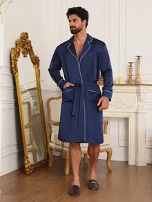 DAZY Conjunto de bata larga y pantalones cortos azul para hombre, primavera/verano - Azul - Ver 4