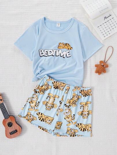 2件套女童舒适可爱考拉印花睡衣套装，短袖上衣和短裤