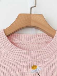 Linhara 大码女式花卉刺绣圆领休闲日常长袖毛衣 - 粉色 - 查看 5