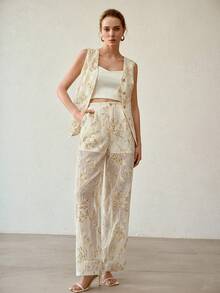 MOTF PREMIUM HEAVILY BEADED EMBROIDERED WIDE LEG RELAXED FIT PANTS FOR WOMEN - Apricot - View 7