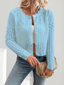 Rafferiza Áo khoác cardigan dệt kim cổ tròn khoét lỗ phía trước dành cho nữ, thích hợp cho mùa Thu/Đông. - Màu xanh nhạt - Xem 3