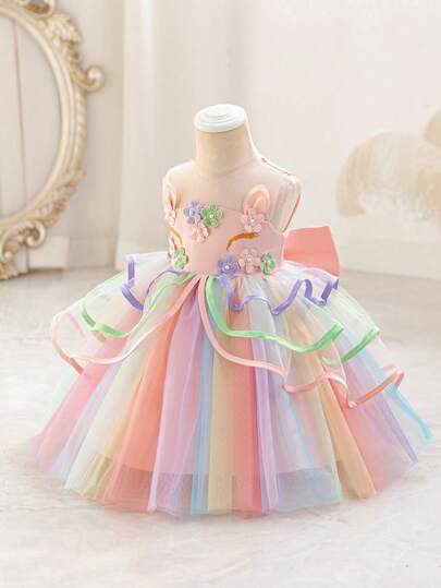 Glamorique Kids 女婴圆领3D立体花卉装饰网纱可爱派对连衣裙