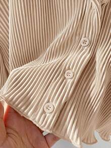 Comfortcana 女士卡其色短款荷叶边下摆长袖衬衫，春夏款 - 卡其色 - 查看 6