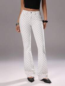 TRNVIE 时尚休闲波点低腰喇叭牛仔裤 - 白色 - 查看 1