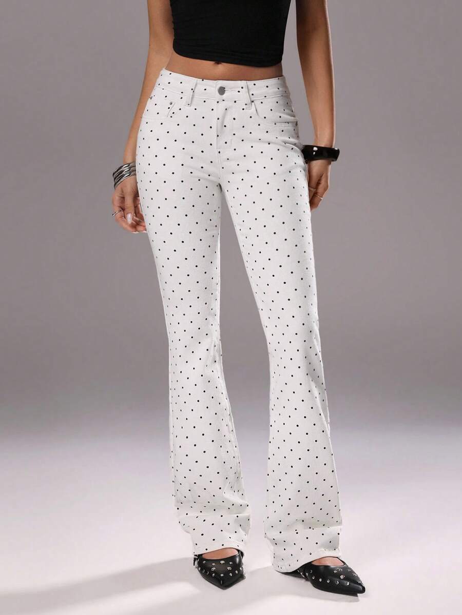 TRNVIE 时尚休闲波点低腰喇叭牛仔裤 - 白色 - 查看 1