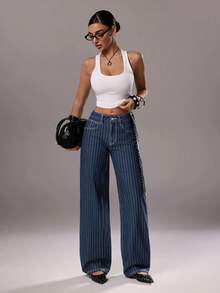 TRNVIE 休闲条纹低腰直筒牛仔裤 - 中等水洗藍 - 查看 6