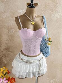 Soleia Women's Vacation Romantic Summer Molded Cup Shell Bra Underwire Supportive Pearl Strap Camisole Top, Casual, Date, Valentine's Day, Afternoon Tea, Beach, Cruise, Road Trip, Music Festival, Party, Boho, Hippie, Western, Versatile, All Season, Daily Commute - Pink - View 9