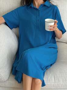 DAZY Đầm nữ tay ngắn màu trơn cài cúc, kiểu dáng thường ngày, thích hợp mặc ở nhà. - Màu xanh lam - Xem 4