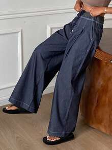 DAZY 女士二合一腰部抽绳系带宽松阔腿牛仔裤，休闲都市风 - 深色水洗藍 - 查看 6