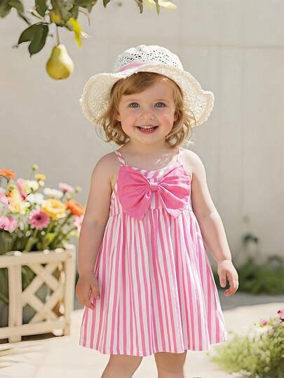 SHEIN Baby Girls' Fashionable Elegant Casual Minimalist Pink Striped Cami Dress, Comfortable Woven Fabric With 3D Bow Decor, Spring/Summer New Arrival, Suitable For Birthday Party, Daily Wear, Outdoor Travel And Cute Outfit