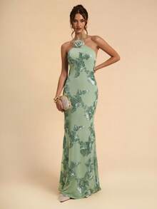 SHEIN BAE Sleeveless Backless Solid Green Textured Jacquard Dress, Elegant Fit And Flare Dress For Brunch, Wedding Guest, Cocktail Party, Vacation Beach - Green - View 1