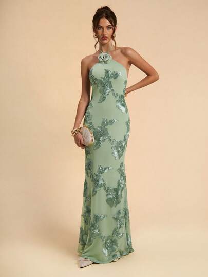 SHEIN BAE Sleeveless Backless Solid Green Textured Jacquard Dress, Elegant Fit And Flare Dress For Brunch, Wedding Guest, Cocktail Party, Vacation Beach