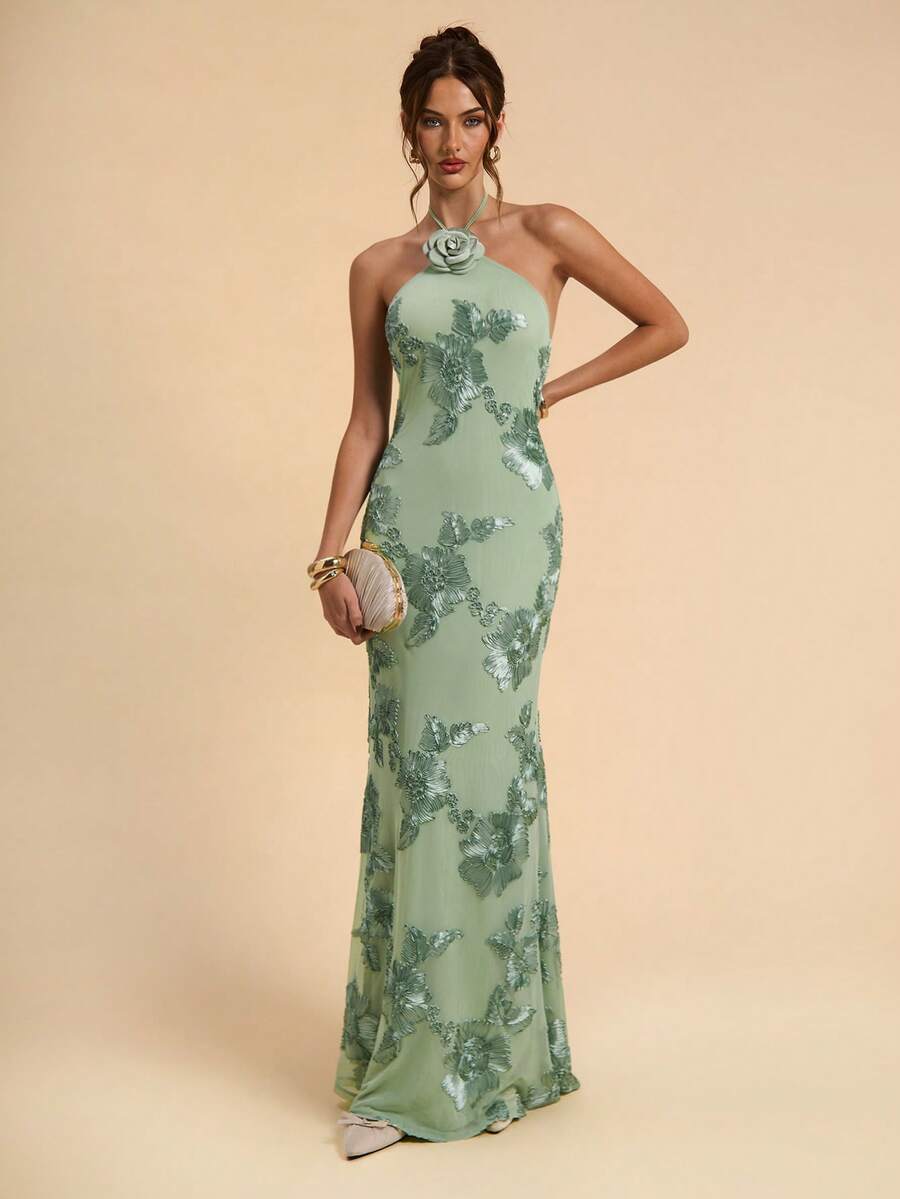 SHEIN BAE Sleeveless Backless Solid Green Textured Jacquard Dress, Elegant Fit And Flare Dress For Brunch, Wedding Guest, Cocktail Party, Vacation Beach - Green - View 1