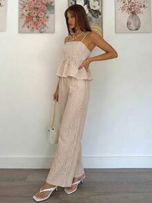 Siren Gaze 女士条纹荷叶边吊带背心和阔腿裤休闲两件套 - 藍色 - 查看 4