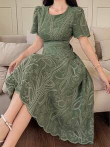 DAZY 女士优雅花卉蕾丝圆领花瓣袖中长连衣裙，夏季吊带裙 - 軍綠色 - 查看 5