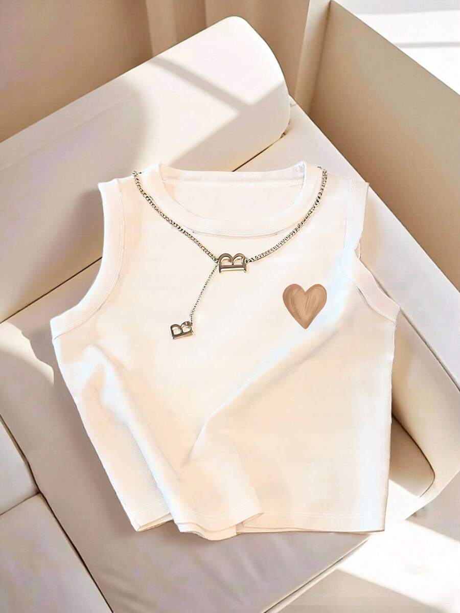 Resyla Women's White Round Neck Heart Design Casual Versatile Tank Top, Spring/Summer - White - View 1