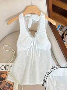 INAWLY 女士蕾丝边前系带刺绣时尚吊带背心 - 白色 - 查看 1