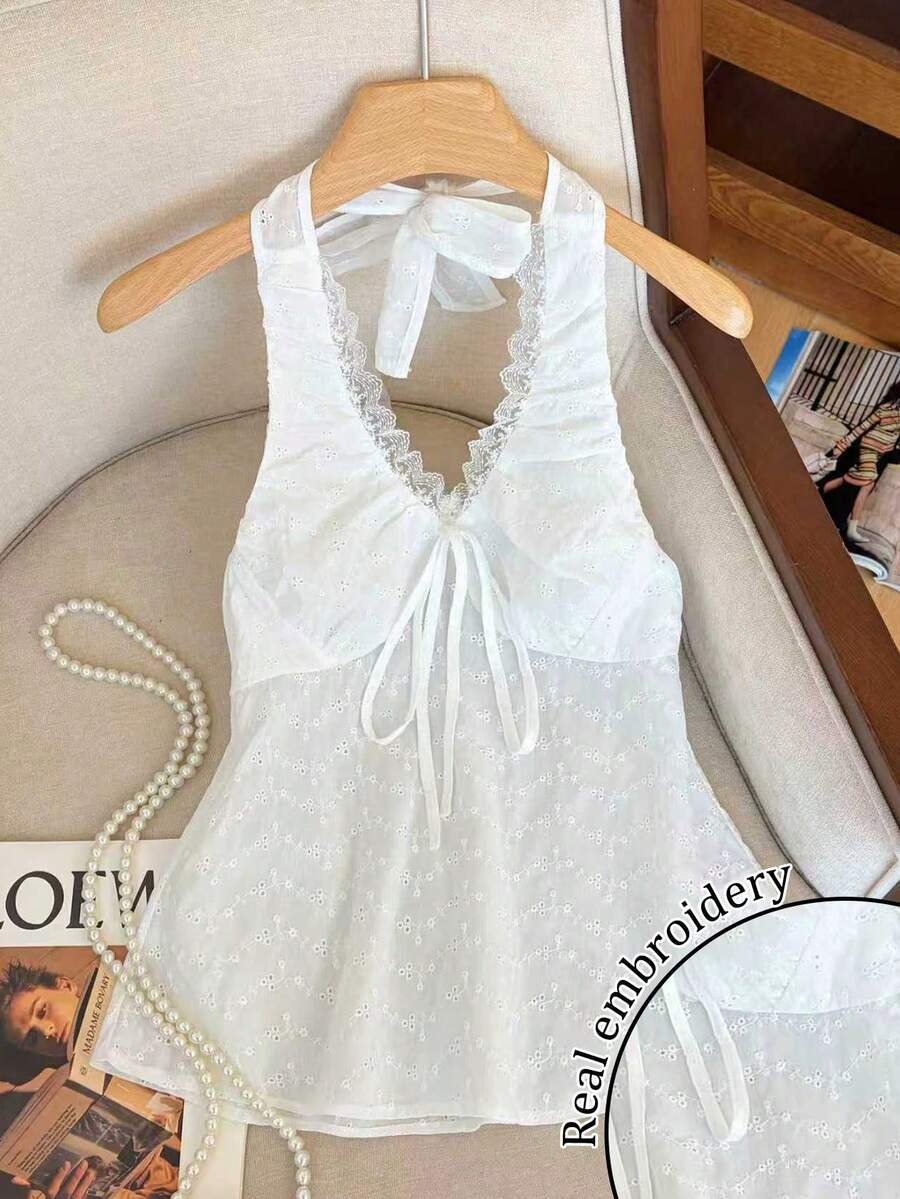 INAWLY 女士蕾丝边前系带刺绣时尚吊带背心 - 白色 - 查看 1